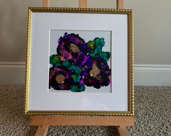 Abstract floral alcohol painting on glass (framed) |  boho eclectic unique chic