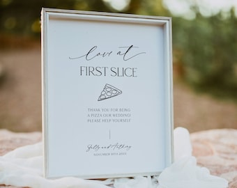 Minimalist Love At First Slice Sign, Modern Pizza Bar Wedding Sign Template, Love And Pizza Station, Pizza Table Printable, Corjl LS01