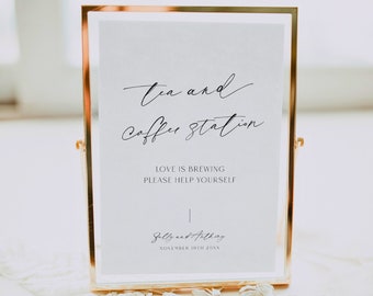 Minimalist Tea and Coffee Station Sign Wedding Template, Modern Love Is Brewing Sign Printable, Hot Beverage Coffee Bar Editable, Corjl LS01