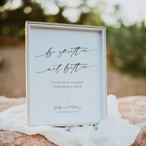 Bug Spray Sign Wedding Template, Minimalist Be Smitten Not Bitten Printable, Modern Outdoor Garden Wedding Decor, Bug Repellant, Corjl LS01