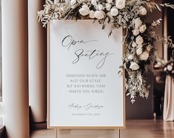 Minimalist Open Seating Wedding Sign Template, Modern Welcome Sit Anywhere Printable, Pick A Seat Not A Side, No Assigned Seating Corjl LS01