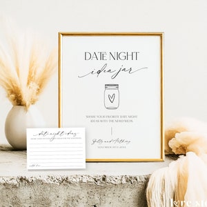 Wedding Date Night Jar Ideas Sign and Card, Minimalist Date Night Ideas Game Template, Advice and Wishes, Date Jar Printable, Corjl LS01