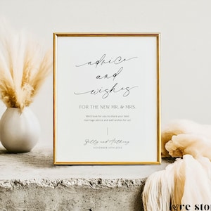 Advice and Wishes For The Bride and Groom Sign Template, Minimalist Wedding Well Wishes for Mr and Mrs, Printable Advice Template Corjl LS01