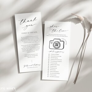 May include: Two white cards with black text. The left card says "Thank you Family & Friends" and includes a message of gratitude. The right card says "Share the Love" and includes a QR code with the text "Scan to Share" and a list of photo suggestions.