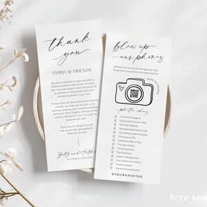 May include: Two printable cards for a wedding reception. The first card is a thank you note to family and friends, with the text "Thank you" in a script font. The second card is a request to guests to upload photos and videos to a QR code, with the text "Blow up our phones" in a script font.
