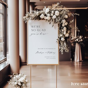 We're So Glad You're Here Wedding Sign Template, Minimalist Welcome To Our Wedding Signage Printable, Modern Wedding Poster, Corjl LS01
