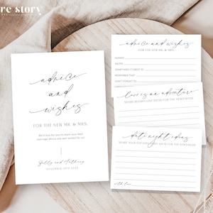 Advice and Wishes For Bride and Groom Sign and Cards, Minimalist Wedding Well Wishes for Mr and Mrs, Printable Advice Template, Corjl LS01