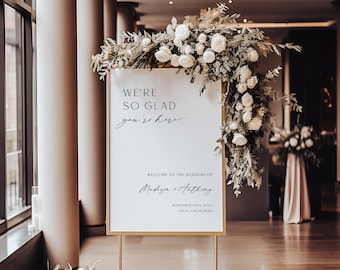 We&#39;re So Glad You&#39;re Here Wedding Sign Template, Minimalist Welcome To Our Wedding Signage Printable, Modern Wedding Poster, Corjl LS01