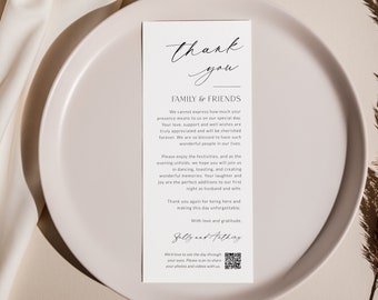 Wedding QR Code Thank You For Coming Place Card Template, Modern Thank You Note Place Setting, Minimalist Welcome Menu Printable, Corjl LS01