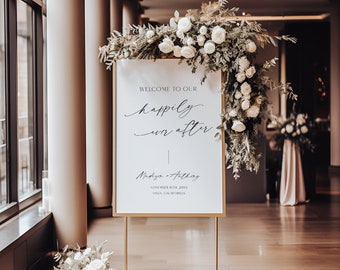 Wedding Welcome Sign Template, Welcome To Our Happily Ever After Sign, Minimalist Welcome To Our Wedding Signage Printable, Corjl LS01