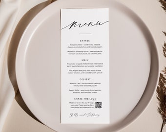 May include: A white wedding menu card with black text. The menu includes entrees, main courses, desserts, and a section to share photos and videos with a QR code. The text at the bottom reads "Sally and Anthony".