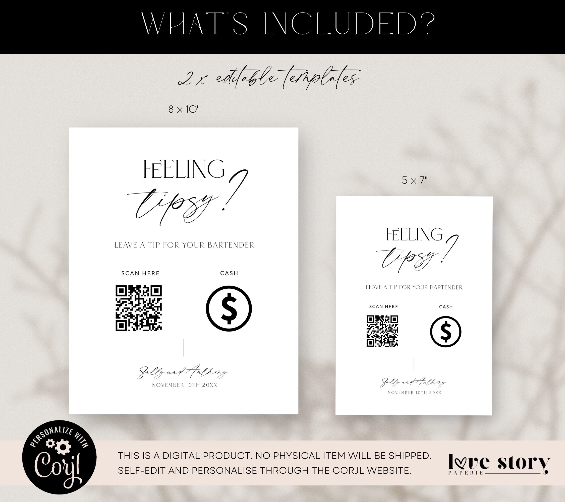 Minimalist Feeling Tipsy Sign Template, Modern Bartender Tips Wedding ...