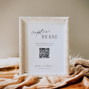 Minimalist Capture The Love QR Wedding Code Sign Template, Modern Share The Love Photo Printable, Editable Table Sign, Download, Corjl LS01