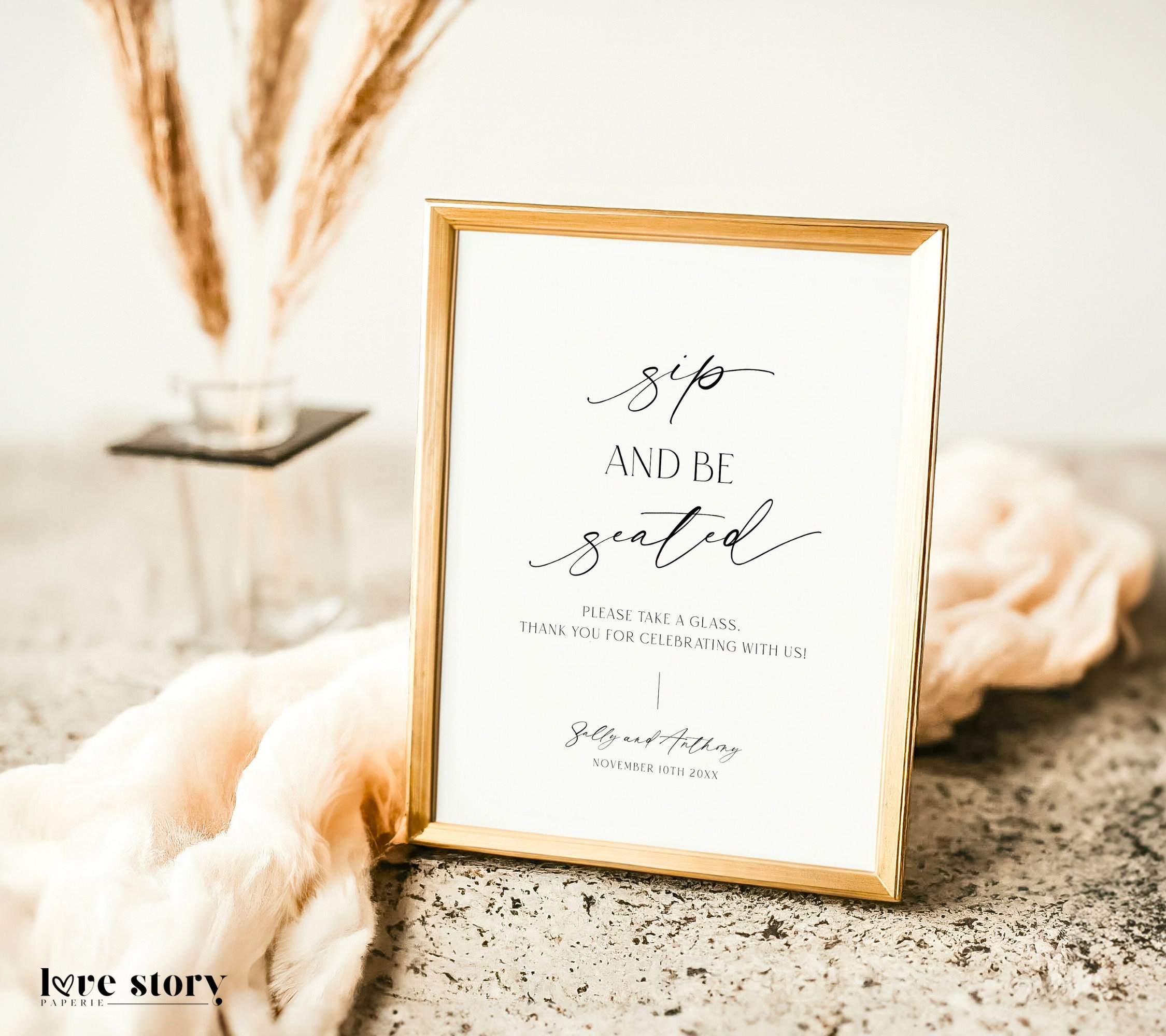 Sip And Be Seated Sign Wedding Template, Minimalist Take A Seat Printable, Modern Reception Champagne Editable, Find Your Seat, Corjl LS01