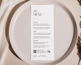 May include: A white wedding menu card with black text. The menu includes entrees, main courses, and desserts. The card also includes a QR code and the text "Share the Love" with a camera icon.