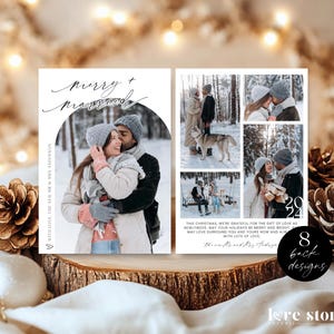 Merry And Married Christmas Arch Photo Card Printable, Modern Newlyweds First Christmas Mr Mrs Collage, Editable Holiday Greeting Corjl LS02