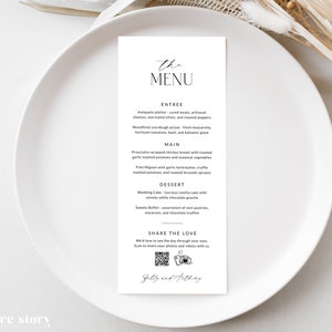 Wedding Menu With QR Code Template, Minimalist Script Menu Editable, Share The Love Menu Printable, DIY Reception Dinner Menu, Corjl LS01