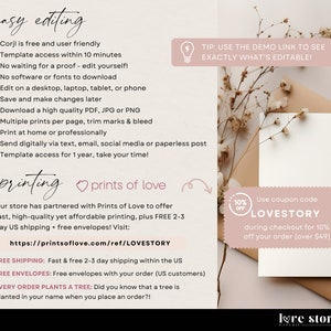 Op de afbeelding: Een roze en witte afbeelding met de tekst "easy editing" en een lijst met functies voor een afdrukbare sjabloon. De afbeelding bevat ook de tekst "printing" en "prints of love" met een hartje. De afbeelding bevat ook een kortingscode voor 10% korting met de tekst "LOVESTORY".