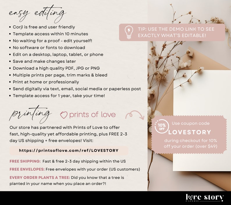 Op de afbeelding: Een roze en witte afbeelding met de tekst "easy editing" en een lijst met functies voor een afdrukbare sjabloon. De afbeelding bevat ook de tekst "printing" en "prints of love" met een hartje. De afbeelding bevat ook een kortingscode voor 10% korting met de tekst "LOVESTORY".