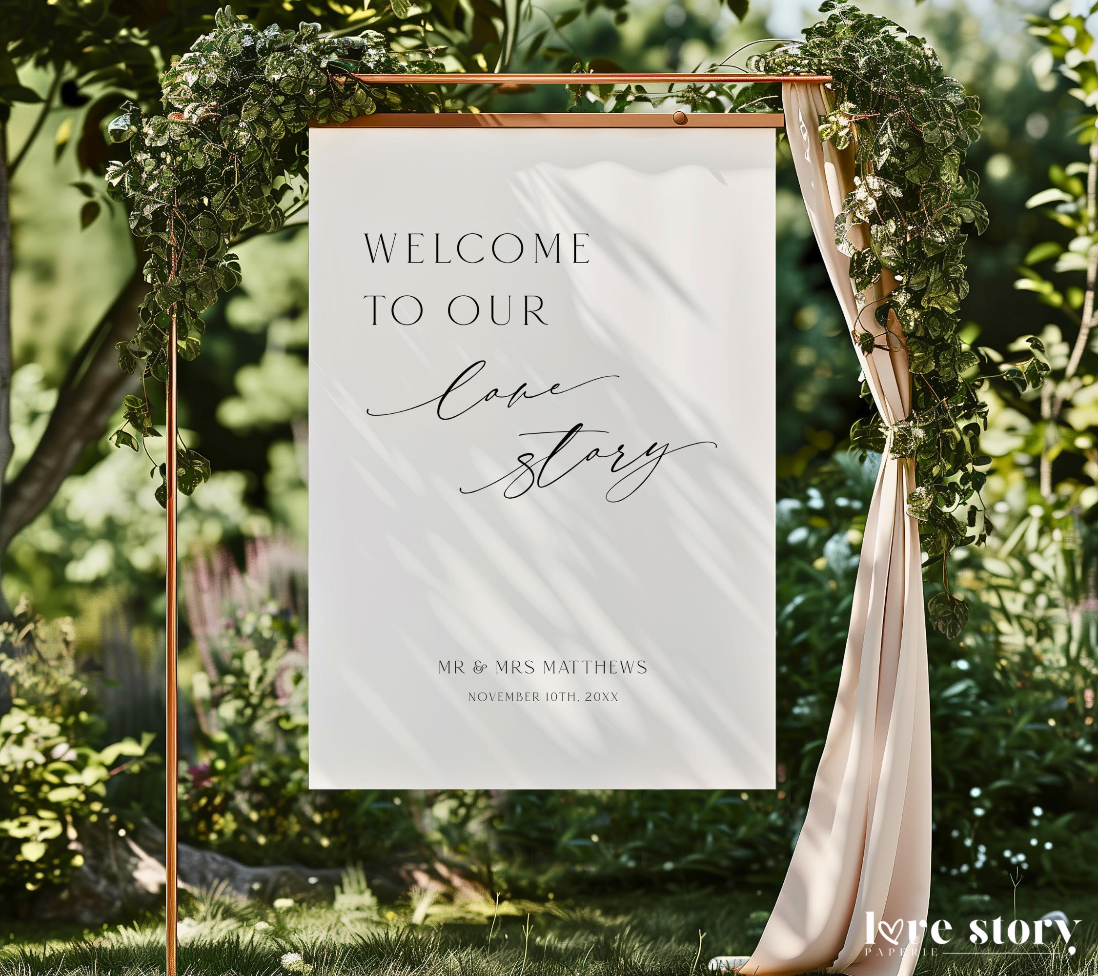 Welcome To Our Love Story Wedding Sign Template, Minimalist Wedding Welcome Printable, Modern Welcome To Our Wedding Signage, Corjl LS01