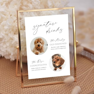 Wedding Signature Drinks Sign Dog Template, Modern Pet Cocktail Drinks On Us Printable, Editable Custom Cat Bar Menu Download, Corjl LS01