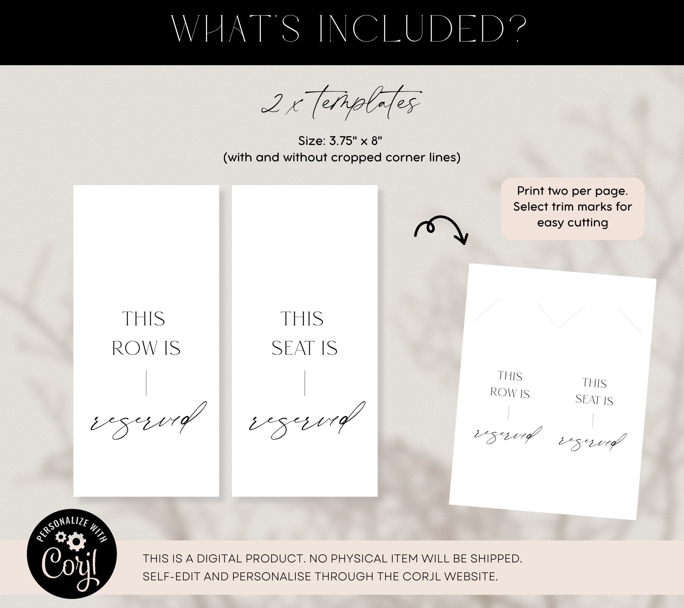 Paper Reserve Rows Reserved Row Tags for Wedding Template, Modern Seat Reserved Chair Tag ...