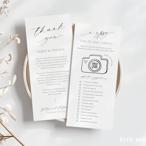 I Spy Wedding QR Thank You Place Card Template, Photo Hunt QR Code Game, Welcome Thank You Note Printable, Modern Minimalist, Corjl LS01