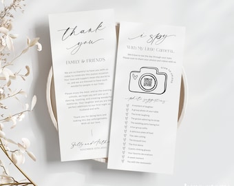 I Spy Wedding QR Thank You Place Card Template, Photo Hunt QR Code Game, Welcome Thank You Note Printable, Modern Minimalist, Corjl LS01