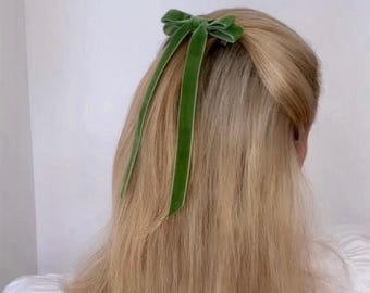 Fermaglio per capelli con fiocco in velluto a coda corta di lusso color oliva, fiocco per capelli con nastro verde, fermaglio per capelli francese a coda corta in velluto color salvia, fiocco verde carino con code color oliva