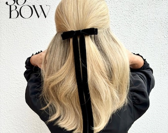 Fiocco di velluto a coda lunga di lusso NERO, fermaglio per capelli per eventi con cravatta nera, fiocco classico nero a coda lunga per donna, fiocco formale in velluto nero