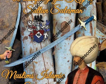 Miecz ze stali damasceńskiej ręcznie robiony: rękojeść z micarty, pochwa skórzana