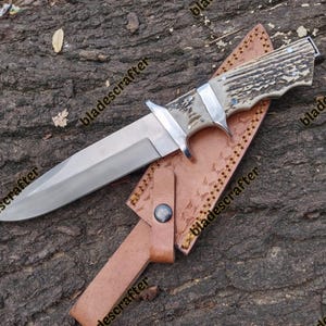 Handmade D2 Steel Bowie Knife | Stag Antler Handle, Leather Sheath, Outdoor Survival