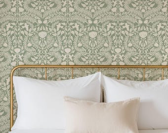Cottagecore Sage Green Floral Wallpaper, Removable Peel and Stick