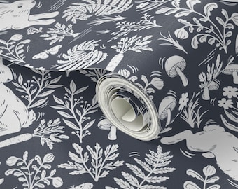 Garden Rabbits Removable Peel and Stick Wallpaper | Modern Traditional | Navy Blue & Ivory Medium