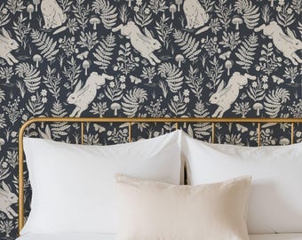 Garden Rabbits Removable Peel and Stick Wallpaper | Modern Traditional | Navy Blue & Ivory Large