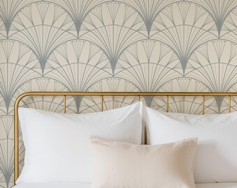 Wallpaper Art Deco Flower Fans Removable Peel and Stick | Dusty Blue | Large