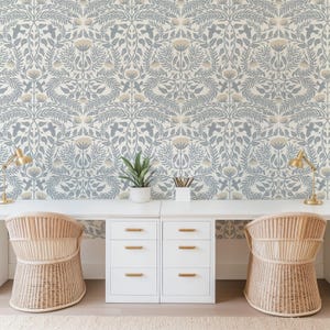 Wallpaper Vintage Cottagecore Blue-Gray & Ivory Floral Removable Peel and Stick | Damask | Wall Decor | Bluebird In The Brush Large