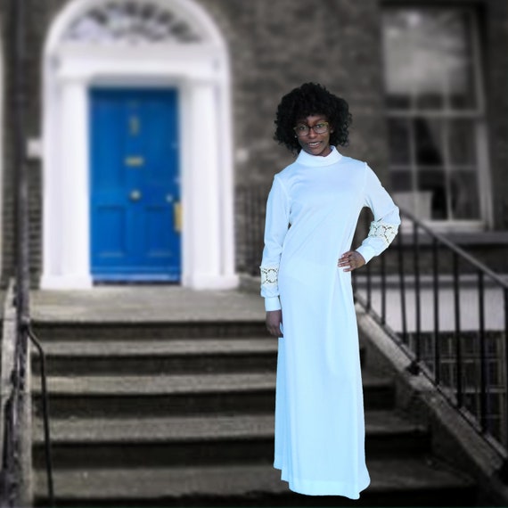 1970s floor length maxi white long sleeved dress