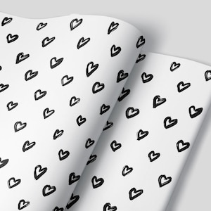 Conjunto de papel de embrulho de dia dos namorados com 3 folhas - corações preto e branco desenhados à mão, presentes de casamento, presente de primeiro aniversário para ele ou ela