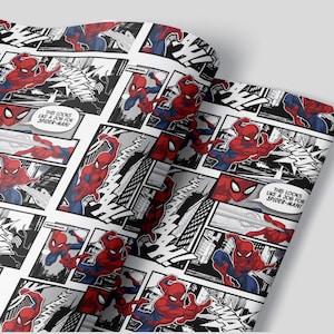 May include: White wrapping paper with a repeating pattern of comic book panels featuring Spiderman in red and blue. The text in the panels reads "This looks like a job for Spiderman!"