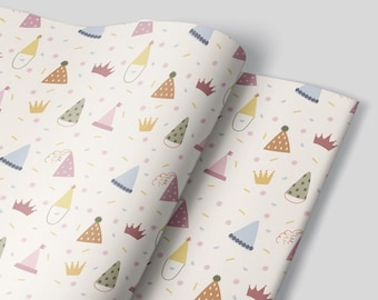 May include: White wrapping paper with a repeating pattern of colorful party hats, crowns, and confetti.