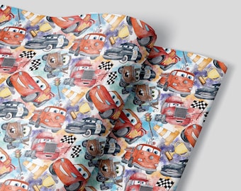 Cars Wrapping Paper Sheets - Set of 3 Sheets - Disney Cars Party Birthday Lightning McQueen Doc Mater Sheriff Red Racing Car Stripes Pixar