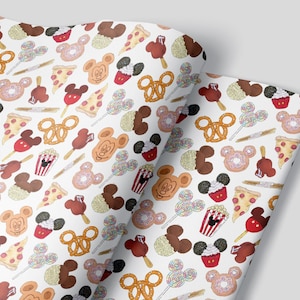 May include: White wrapping paper with a repeating pattern of cartoon food items. The design includes Mickey Mouse-shaped treats, pizza slices, pretzels, popcorn, and ice cream bars in various colors.