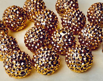 6 Large Gold Gem Berry Rhinestone Ball Resin Round Beads 20mm #42