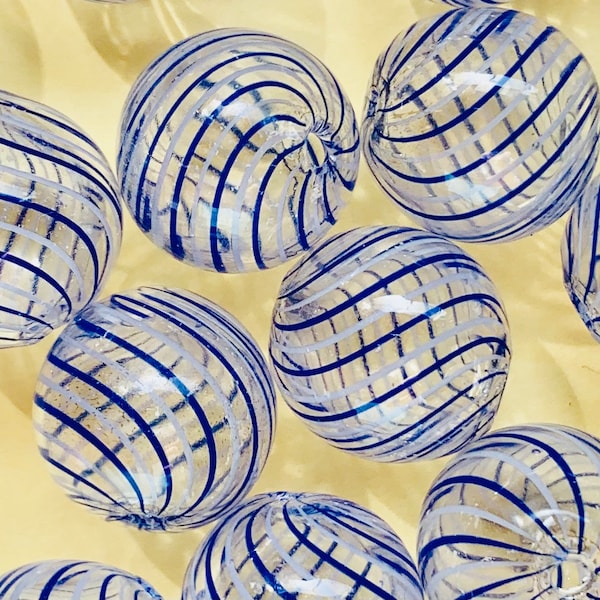 6 Blue Round Stripe Hand Blown Lampwork Glass Beads