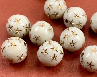 10 Redondas Blancas con Cuentas de Lucite de Estrella de Oro 12mm