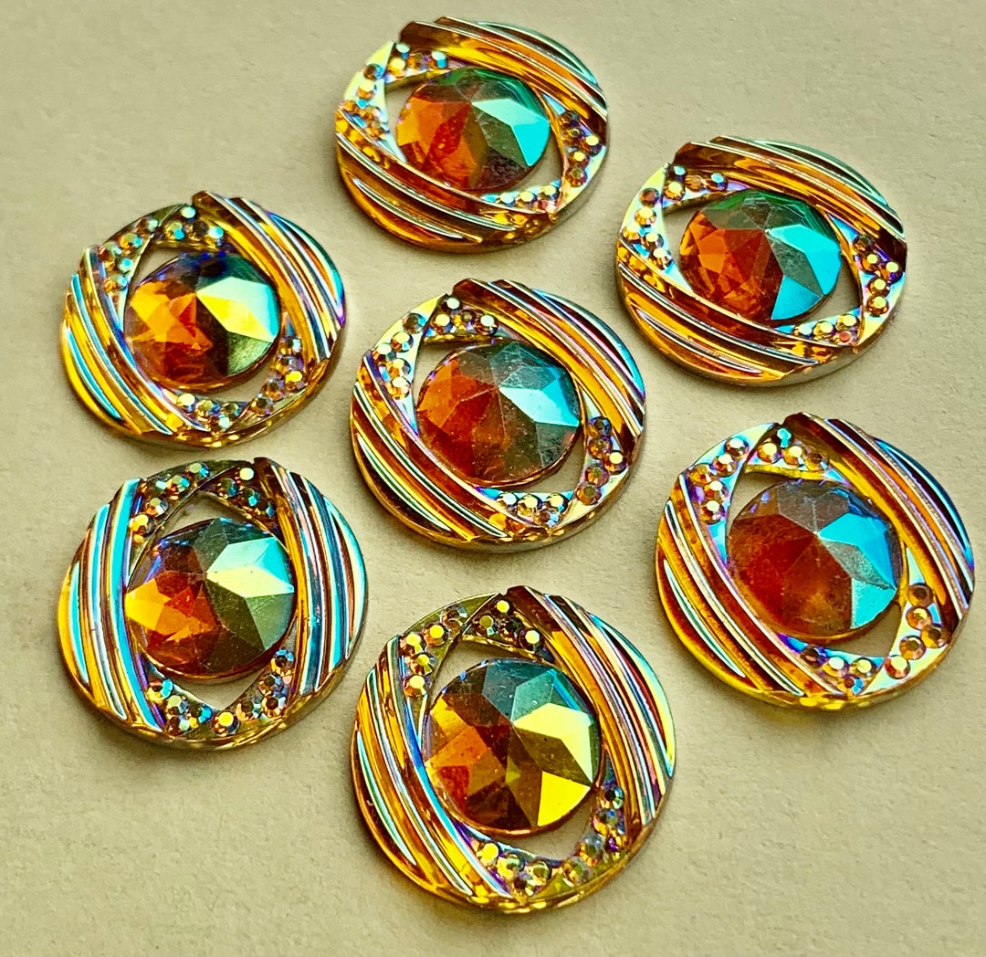 Iridescent Rhinestone 6 Yellow Round Iridescent AB Color Resin Rhinestones Cabochons Flat ...