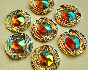 6 Yellow Round Iridescent AB Color Resin Rhinestones Cabochons Flat Back 18mm