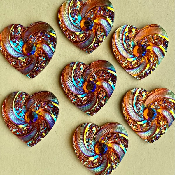 6 Gold Amber Heart Cabochons Flat back Cabochon 20mm