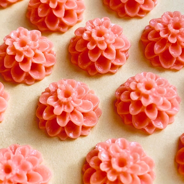 6 Vintage Coral Salmon Pink Dahlia Flower Flat Back Cabochons Resin Flower 12mm for Jewelry Craft Glue on Projects